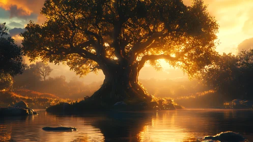 Radiant ancient oak backlit by golden sunset over still river