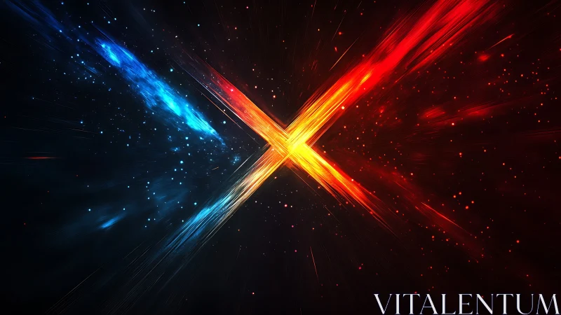 Glowing cosmic X where fiery red energy meets cool blue light.