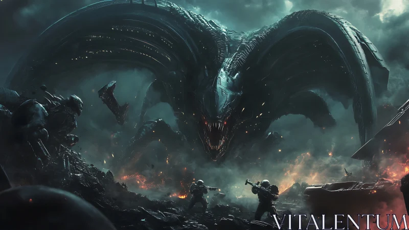 Colossal biomech alien confronts armored soldiers in firestorm.