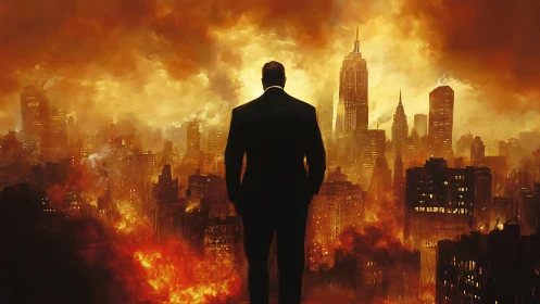 Man in Suit Faces Burning City Skyline