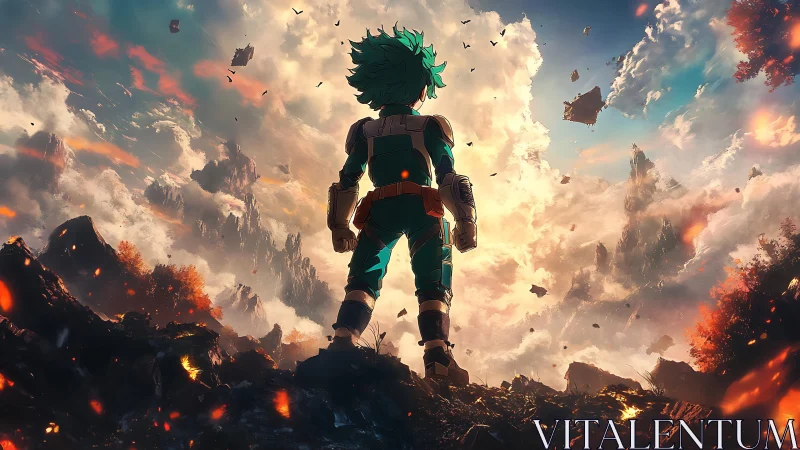 Heroic silhouette meets storm-split heavens in blazing dawn.