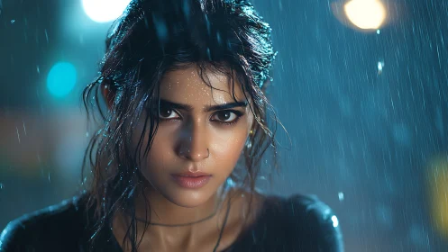 Intense woman stares through rain under neon night bokeh