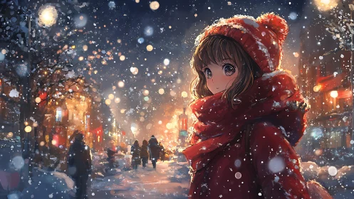 Snowlit city girl wrapped in crimson winter wonderment.