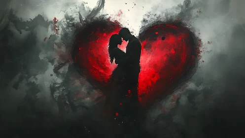 Silhouetted Figure with Heart-Shaped Red Luminescence