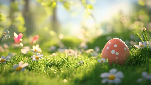 3D spring meadow vignette with polka dot Easter egg focal point.