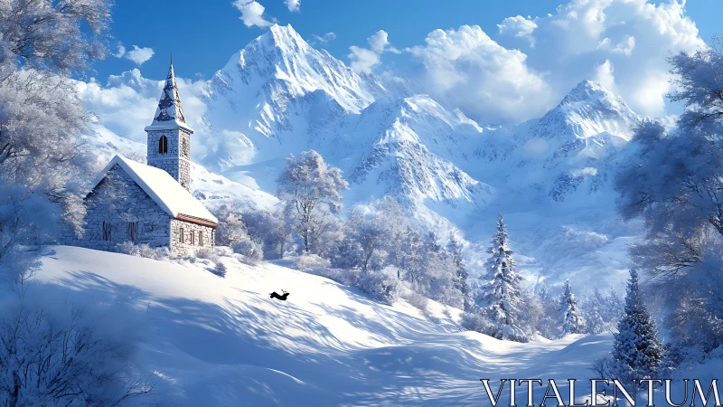 Snowy mountain chapel under luminous winter skies.