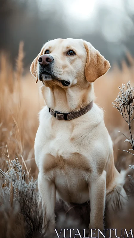 Yellow Labrador retriever sits in dry field vegetation