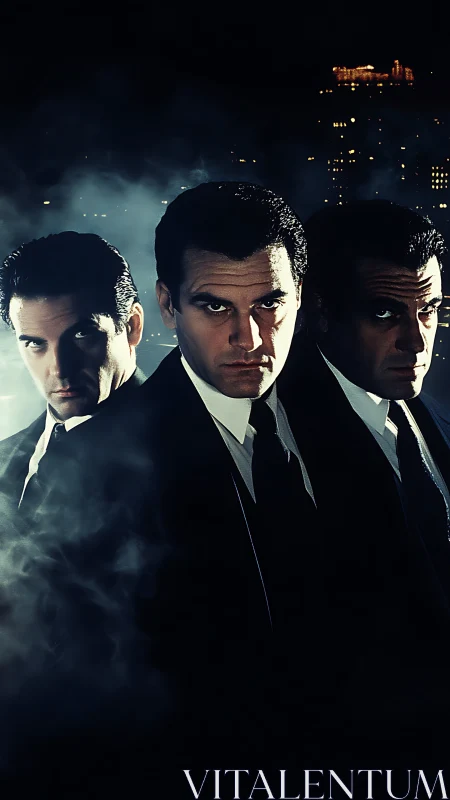 Three suited men stand in dramatic low key studio lighting