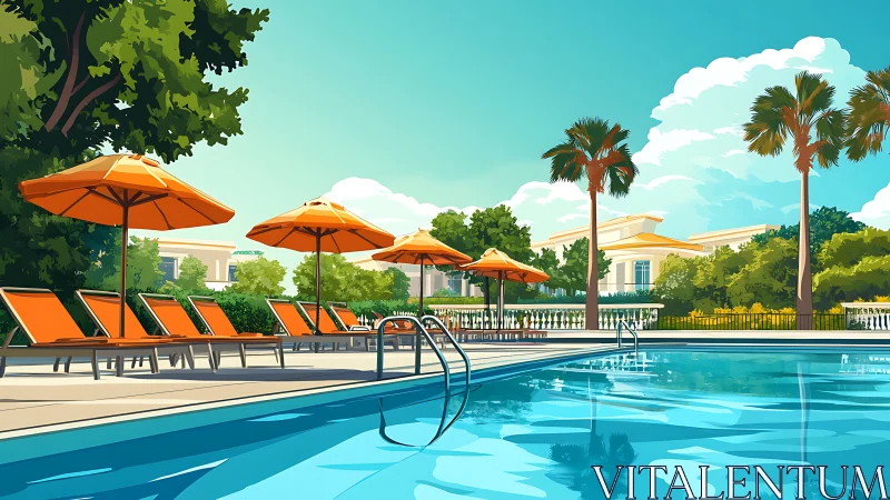 Resort pool terrace with orange loungers under palm trees.