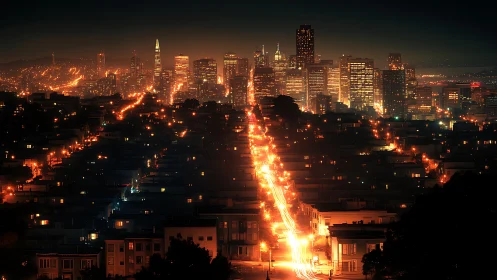 Photorealistic nocturnal cityscape with glowing axial avenue.