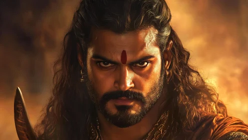 War-scarred warrior king glares through molten dusk fire.