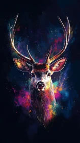 Vivid neon stag portrait on dark cosmic background.
