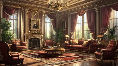 Opulent classical living room with red velvet decor.