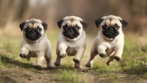 Three small pug puppies run in parallel along a dirt path