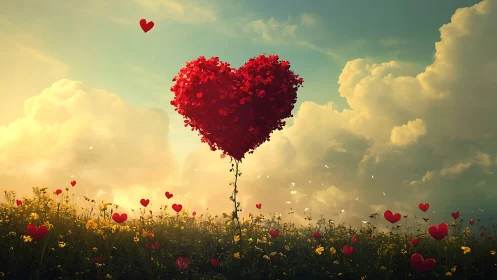 Giant Heart-Shaped Tree Floats Above Meadow Against Sky