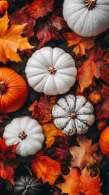 White heirloom pumpkins on vibrant autumn foliage flatlay.