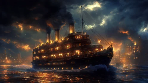 Stormy night steamboat sails through glowing city flames