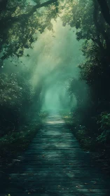 Ethereal Forest Path Through Luminous Green Canopy.