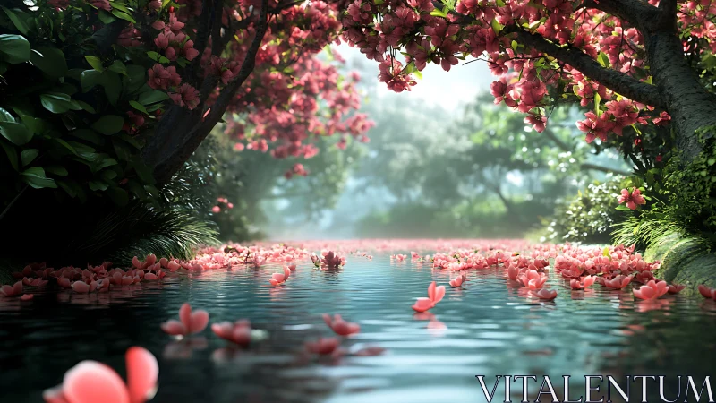 Cherry blossom river glows beneath a tranquil floral canopy.