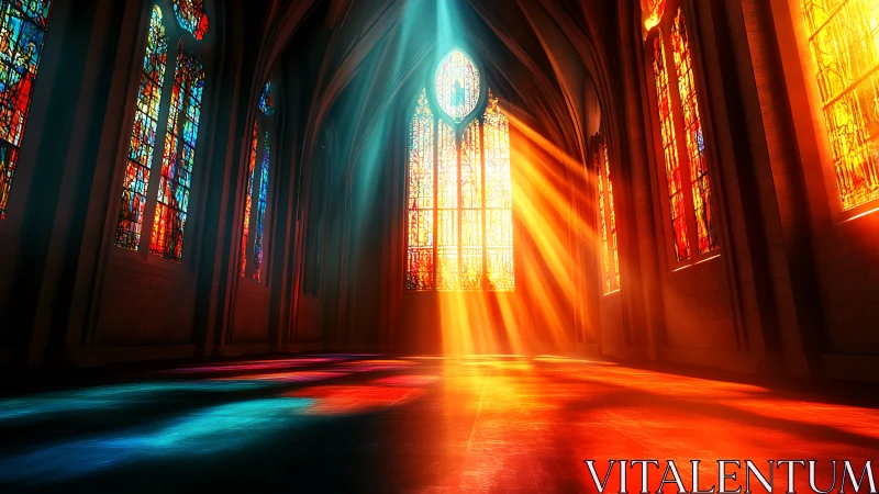Sunlit cathedral nave glows with vibrant stained glass light