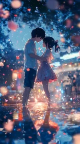 Twilight street romance amid glowing petals and reflections.