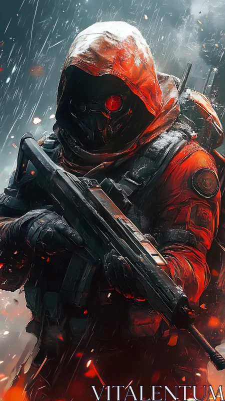 Hooded sci fi soldier strides through sparks and stormy rain