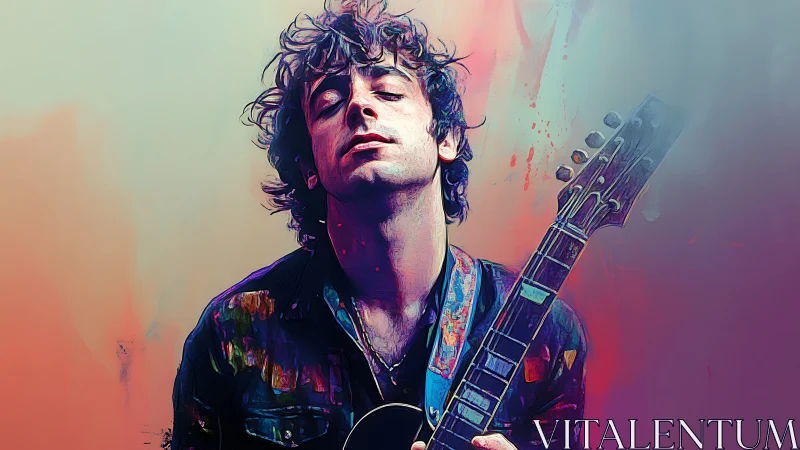 Guitarist in vivid neon portrait surrenders to electric sound