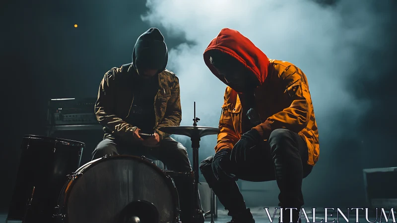 Two hooded figures sit and squat near drum equipment onstage