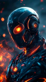 Futuristic humanoid robot with molten core and glowing lines.