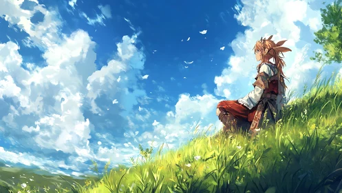 Elf traveler rests on sunlit hill under vast sky.