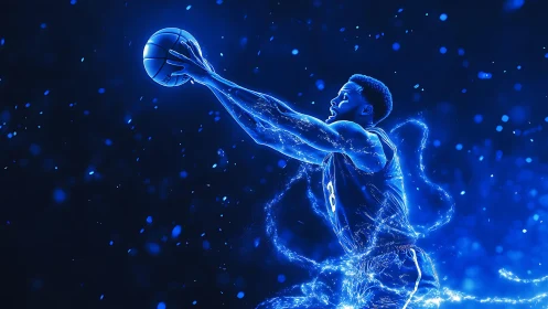 Energetic neon-lit basketball player rendered with luminous particle trails
