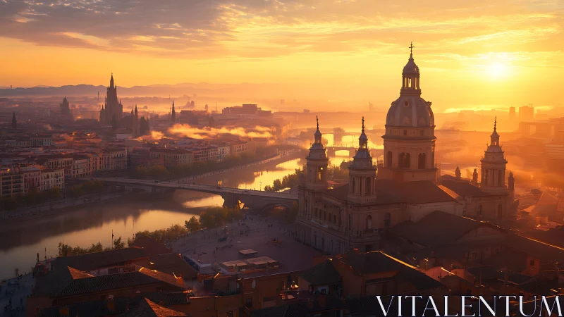 Golden hour skyline captures domed cathedral over river city