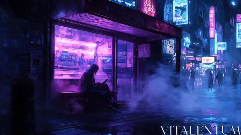 Rainy neon street with lone seated figure outside shop.