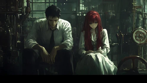 Melancholic duo in industrial shadows, cinematic palette.