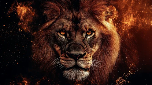Lion head rendered with symmetrical fiery lighting effects