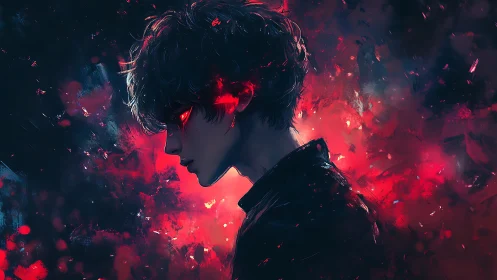 Digital painting profile portrait with infernal neon backlight.