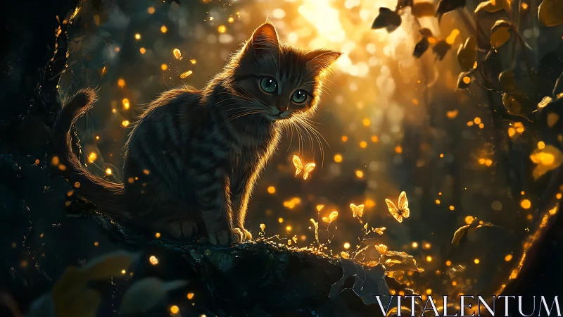 Kitten with Luminous Butterflies and Golden Light Effects