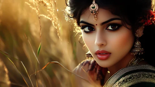 Golden hour portrait with soulful eyes and ornate jewels.