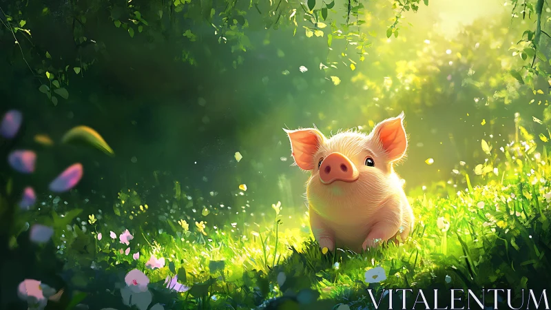 Cute piglet sits in glowing forest clearing under warm sun
