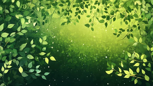 Sunlit foliage frames glowing green forest clearing