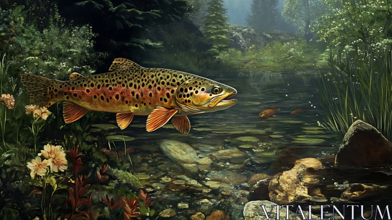 Brown trout glides through a crystal forest stream in sunlight