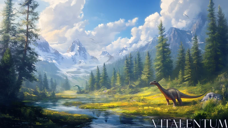 Sauropod dinosaur stands in bright alpine valley with stream