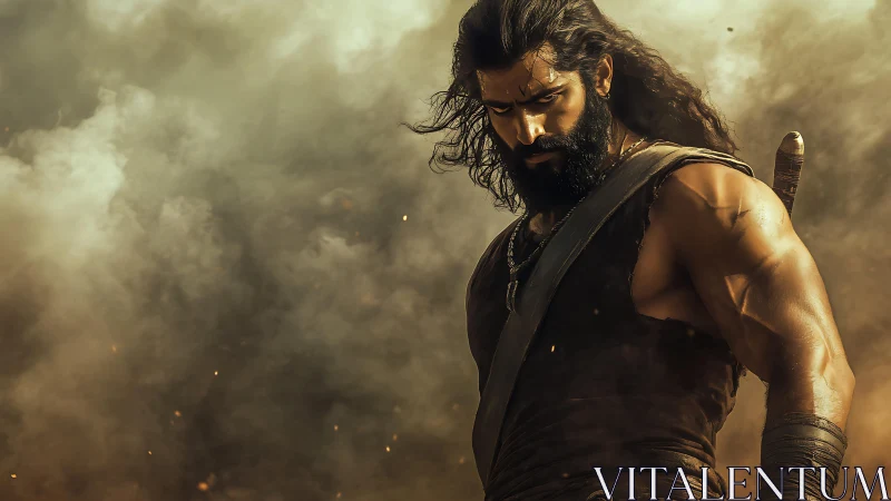 Warrior stands amid swirling smoke, muscles tense in resolve.