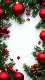 Christmas border with red ornaments and green pine branches.
