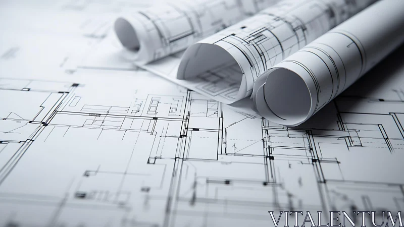 Architectural Blueprints with Rolled Technical Drawings.