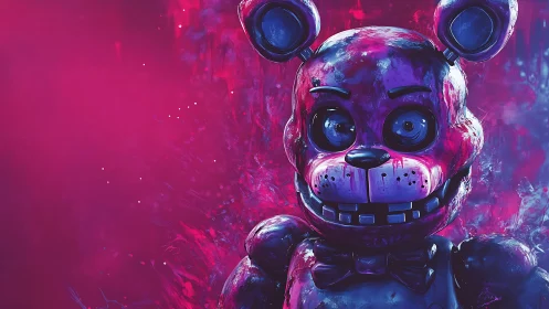 Robotic bear character in neon pink and blue digital art.