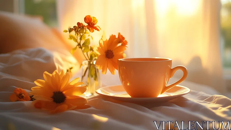 Photorealistic sunrise tea vignette with floral still life.