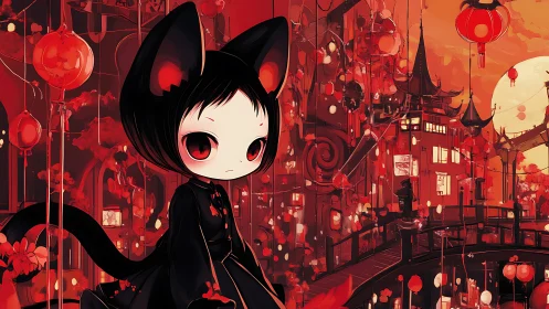 Cat-eared girl overlooks lantern city in crimson night.