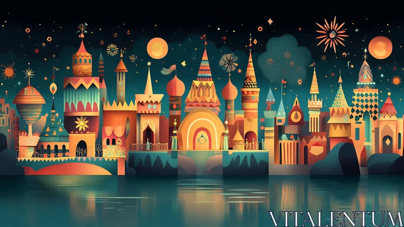 Whimsical geometric skyline with luminous fantasy towers.