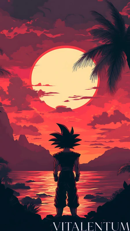 Silhouetted anime warrior facing red coastal sunset seascape.